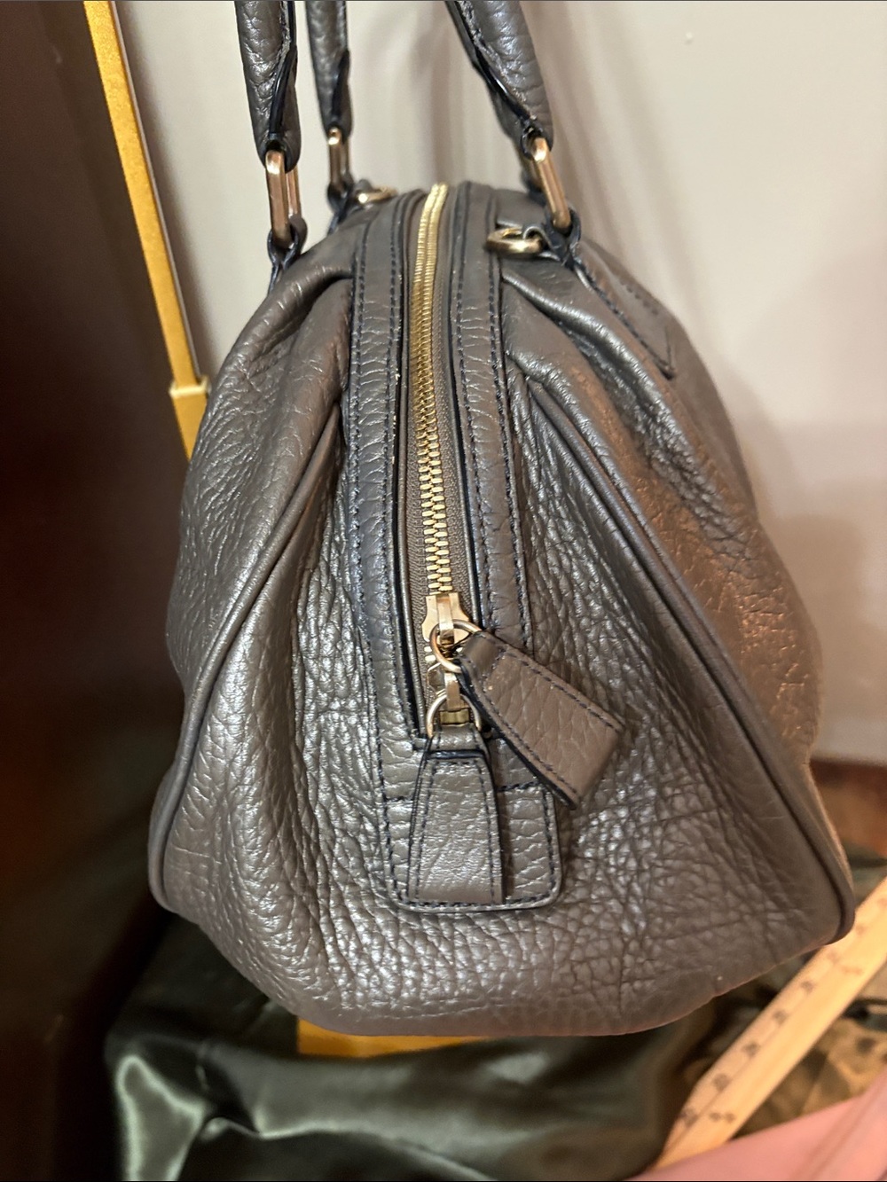 MCM Authentic Muchen Metallic Pewter Pebbled Leather Satchel Shoulder bag - Picture 4 of 11